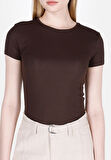 Slim Fit Yuvarlak Yaka Düz Kadın Kahverengi Kısa Kol Tişört Cl1068560