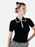 Dar Kesim Polo Kesim Fermuarlı Siyah Kadın Kazak Kısa Kol Kazak Cl1068723