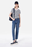 Slim Fit Yuvarlak Yaka Çizgili Kadın Lacivert Kısa Kol Tişört Cl1068750