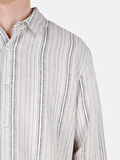 Regular Fit Shirt Yaka Çizgi Desenli Ekru Erkek Uzun Kol Gömlek