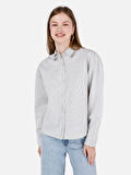Normal Kesim Shirt Yaka Çizgili Beyaz Kadın Uzun Kol Gömlek