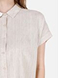 Normal Kesim Shirt Yaka Çizgili Ekru Kadın Kısa Kol Gömlek Cl1068927