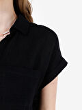 Normal Kesim Shirt Yaka Siyah Kadın Kısa Kol Gömlek Cl1068934