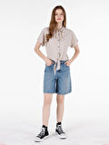 Normal Kesim Shirt Yaka Bej Kadın Kısa Kol Tişört Cl1069147