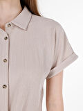 Normal Kesim Shirt Yaka Bej Kadın Kısa Kol Tişört Cl1069147