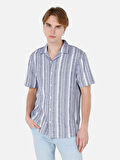 Normal Kesim Shirt Yaka Çizgili Mavi Erkek Kısa Kol Gömlek Cl1069252