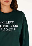 Regular Fit Yuvarlak Yaka Baskılı Kadın Yeşil Sweatshirt
