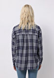 Relax Fit Shirt Neck Ekoseli Kadın Lacivert Uzun Kol Gömlek