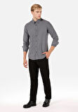 Regular Fit Shirt Neck Düz Erkek Gri Uzun Kol Gömlek