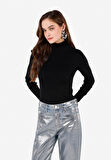 Slim Fit Balıkçı Yaka  Kadın Siyah Kazak
