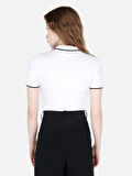 Dar Kesim Polo Yaka Fitilli Çizgili Beyaz Kadın Kısa Kol Tişört