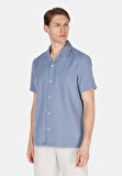 Regular Fit Shirt Neck Düz Erkek Mavi Kısa Kol Gömlek
