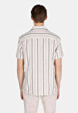 Regular Fit Shirt Neck Çizgili Erkek Ekru Kısa Kol Gömlek