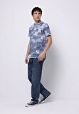Regular Fit Yuvarlak Yaka Baskılı Erkek Mavi Kısa Kol Tişört