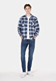 Regular Fit Shirt Neck Ekoseli Erkek Mavi Uzun Kol Gömlek