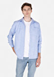 Regular Fit Shirt Neck Çizgili Erkek Mavi Uzun Kol Gömlek Cl1073113