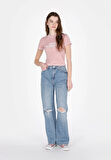 Slim Fit Yuvarlak Yaka Baskılı Kadın Pembe Kısa Kol Tişört