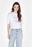 Comfort Fit Yuvarlak Yaka Baskılı Kadın Beyaz Kısa Kol Tişört