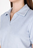Slim Fit Polo Yaka Düz Kadın Mavi Kısa Kol Tişört Cl1073179