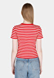 Slim Fit Yuvarlak Yaka Çizgili Kadın Kirmizi Kısa Kol Tişört Cl1073208