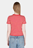 Slim Fit Yuvarlak Yaka Çizgili Kadın Kirmizi Kısa Kol Tişört Cl1073208