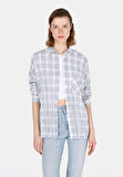 Relaxed Fit Shirt Neck Ekoseli Kadın Mavi Uzun Kol Gömlek Cl1073287