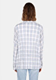Relaxed Fit Shirt Neck Ekoseli Kadın Mavi Uzun Kol Gömlek Cl1073287