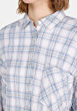 Relaxed Fit Shirt Neck Ekoseli Kadın Mavi Uzun Kol Gömlek Cl1073287