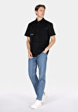 Comfort Fit Shirt Neck Düz Erkek Siyah Kısa Kol Gömlek