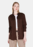 Regular Fit Shirt Neck Düz Kadın Kahverengi Roll-up Gömlek Cl1073413