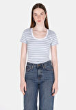 Slim Fit Kare Yaka Çizgili Kadın Mavi Kısa Kol Tişört Cl1073529