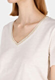 Regular Fit V Yaka Düz Kadın Bej Kısa Kol Tişört Cl1073550