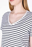 Regular Fit V Yaka Çizgili Kadın Lacivert Kısa Kol Tişört Cl1073551