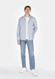 Regular Fit Shirt Neck Çizgili Erkek Mavi Uzun Kol Gömlek Cl1073562