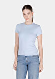 Slim Fit Yuvarlak Yaka Düz Kadın Mavi Kısa Kol Tişört Cl1073597