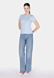 Slim Fit Yuvarlak Yaka Düz Kadın Mavi Kısa Kol Tişört Cl1073597