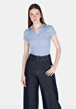 Slim Fit Polo Yaka Düz Kadın Mavi Kısa Kol Tişört Cl1073698