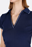 Slim Fit Polo Yaka Düz Kadın Lacivert Kısa Kol Tişört Cl1073698