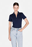 Slim Fit Polo Yaka Düz Kadın Lacivert Kısa Kol Tişört Cl1073834