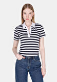Slim Fit Polo Yaka Çizgili Kadın Beyaz Kısa Kol Tişört Cl1073835