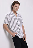 Regular Fit Shirt Neck Çizgili Erkek Beyaz Kısa Kol Gömlek
