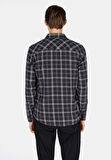 Regular Fit Shirt Neck Kareli Erkek Siyah Uzun Kol Gömlek