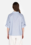 Regular Fit Shirt Neck Kareli Kadın Mavi Roll-up Gömlek