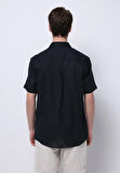 Regular Fit Shirt Neck Düz Erkek Keten Karışımlı Siyah Kısa Kol Gömlek