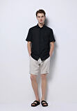 Regular Fit Shirt Neck Düz Erkek Keten Karışımlı Siyah Kısa Kol Gömlek