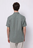 Regular Fit Shirt Neck Düz Erkek Keten Karışımlı Yeşil Kısa Kol Gömlek