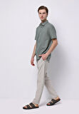 Regular Fit Shirt Neck Düz Erkek Keten Karışımlı Yeşil Kısa Kol Gömlek