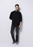 Regular Fit Shirt Neck Düz Erkek Keten Karışımlı Siyah Uzun Kol Gömlek