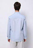 Regular Fit Shirt Neck Düz Erkek Keten Karışımlı Mavi Uzun Kol Gömlek