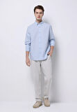 Regular Fit Shirt Neck Düz Erkek Keten Karışımlı Mavi Uzun Kol Gömlek